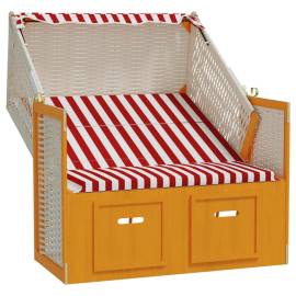 Scaun de plajă cu baldachin,roșu&alb, poliratan și lemn masiv, 3 image