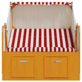Scaun de plajă cu baldachin,roșu&alb, poliratan și lemn masiv, 7 image