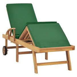 Șezlong cu pernă, verde, lemn masiv de tec, 2 image