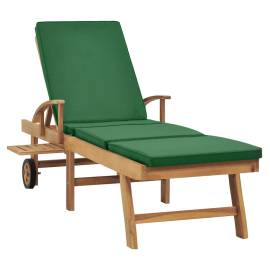 Șezlong cu pernă, verde, lemn masiv de tec, 3 image