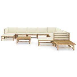 Set mobilier de grădină, 12 piese, perne alb crem, bambus, 2 image