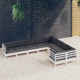 Set mobilier de grădină cu perne, 9 piese, alb, lemn de pin