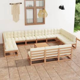 Set mobilier grădină&perne 14 piese, maro miere lemn masiv pin