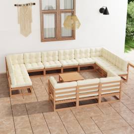 Set mobilier grădină&perne 14 piese maro miere lemn masiv pin