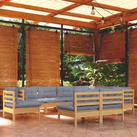 Set mobilier de grădină cu perne, 9 piese, gri, lemn masiv pin