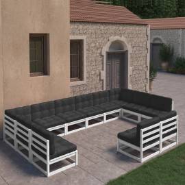 Set mobilier de grădină cu perne, 12 piese, alb, lemn masiv pin