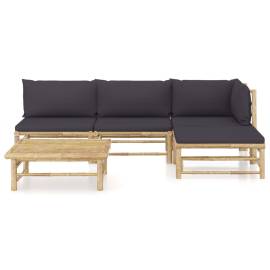 Set mobilier de grădină, 5 piese, perne gri închis, bambus, 2 image