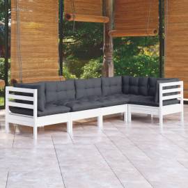 Set mobilier de grădină cu perne, 5 piese, alb, lemn de pin
