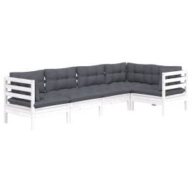 Set mobilier de grădină cu perne, 5 piese, alb, lemn de pin, 3 image