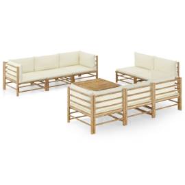 Set mobilier de grădină cu perne alb crem, 9 piese, bambus