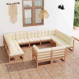 Set mobilier grădină&perne 11 piese, maro miere lemn masiv pin
