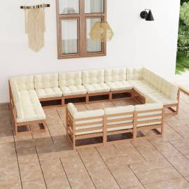 Set mobilier grădină&perne 13 piese, maro miere lemn masiv pin