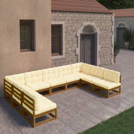 Set mobilier grădină&perne 9 piese, maro miere lemn masiv pin