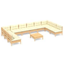 Set mobilier grădină cu perne crem, 11 piese, lemn masiv de pin, 2 image