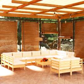 Set mobilier grădină cu perne crem, 13 piese, lemn masiv de pin