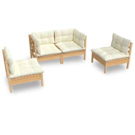 Set mobilier grădină cu perne crem, 4 piese, lemn masiv de pin, 2 image