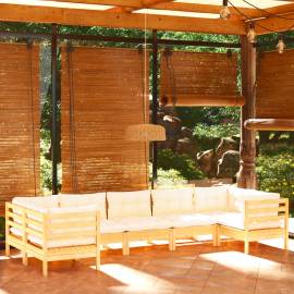 Set mobilier grădină cu perne crem, 7 piese, lemn masiv de pin