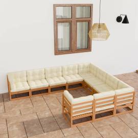 Set mobilier grădină&perne 10 piese, maro miere lemn masiv pin