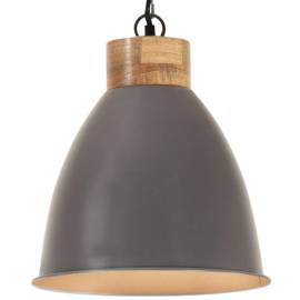 Lampă suspendată industrială, gri, 35 cm, lemn masiv&fier, e27