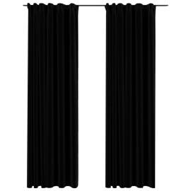 Perdele opace aspect pânză, cârlige, 2 buc., negru, 140x225 cm, 2 image