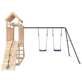 Căsuță de joacă cu leagăne, perete de cățărat, lemn masiv pin, 4 image