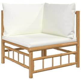 Canapele colțar grădină, 2 buc, cu perne alb crem, bambus, 4 image
