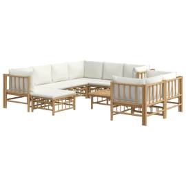 Set mobilier de grădină, cu perne alb crem, 10 piese, bambus, 3 image
