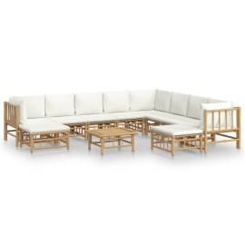 Set mobilier de grădină, cu perne alb crem, 11 piese, bambus, 2 image