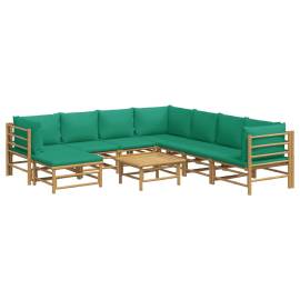 Set mobilier de grădină cu perne verzi, 9 piese, bambus, 3 image
