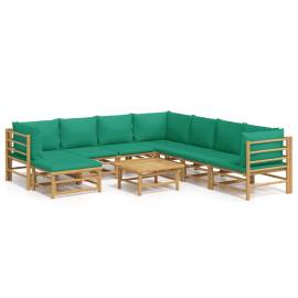 Set mobilier de grădină cu perne verzi, 9 piese, bambus, 2 image