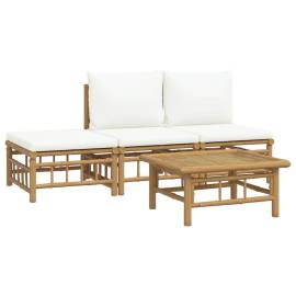 Set mobilier de grădină, cu perne alb crem, 4 piese, bambus, 3 image