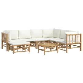 Set mobilier de grădină, cu perne alb crem, 8 piese, bambus, 3 image