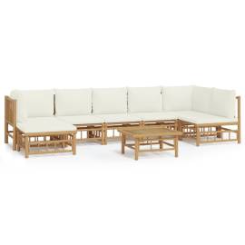 Set mobilier de grădină, cu perne alb crem, 8 piese, bambus, 2 image