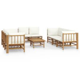 Set mobilier de grădină, cu perne alb crem, 9 piese, bambus, 2 image