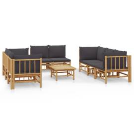 Set mobilier de grădină cu perne gri închis, 9 piese, bambus, 2 image