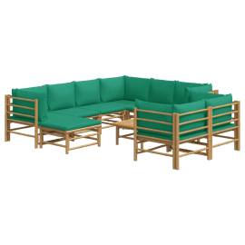 Set mobilier de grădină cu perne verzi, 10 piese, bambus, 3 image