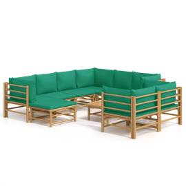 Set mobilier de grădină cu perne verzi, 10 piese, bambus, 2 image