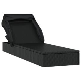 Șezlong cu acoperiș pliabil, negru, 213x63x97 cm, poliratan, 3 image
