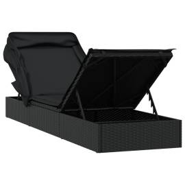 Șezlong cu acoperiș pliabil, negru, 213x63x97 cm, poliratan, 9 image