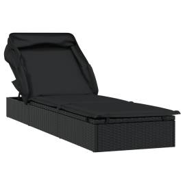 Șezlong cu acoperiș pliabil, negru, 213x63x97 cm, poliratan, 2 image