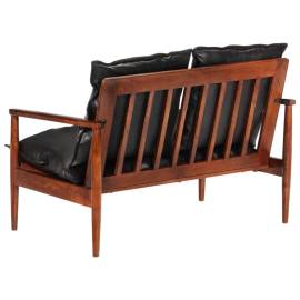 Canapea cu 2 locuri, negru, piele naturală & lemn masiv acacia, 4 image