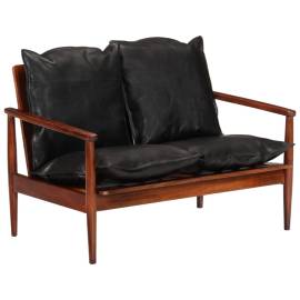 Canapea cu 2 locuri, negru, piele naturală & lemn masiv acacia, 8 image
