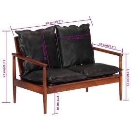 Canapea cu 2 locuri, negru, piele naturală & lemn masiv acacia, 7 image