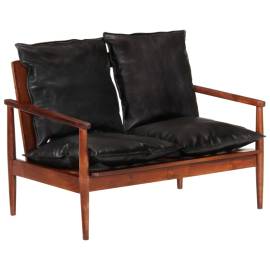 Canapea cu 2 locuri, negru, piele naturală & lemn masiv acacia, 10 image
