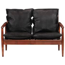 Canapea cu 2 locuri, negru, piele naturală & lemn masiv acacia, 2 image