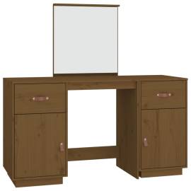 Set masă de toaletă cu oglindă, maro miere, lemn masiv de pin, 2 image