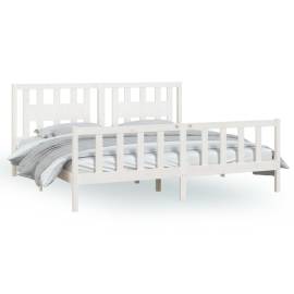 Cadru de pat cu tăblie, alb, 200x200 cm, lemn masiv de pin, 2 image