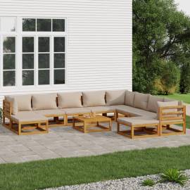Set mobilier de grădină cu perne gri taupe 11 piese, lemn masiv
