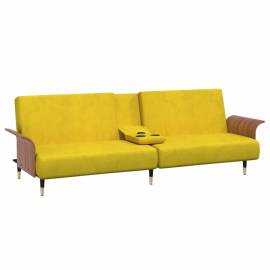 Canapea extensibilă cu suporturi de pahare, galben, catifea, 5 image