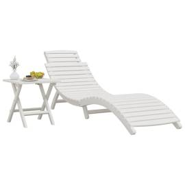 Șezlong de plajă cu masă, alb, lemn masiv de acacia, 3 image